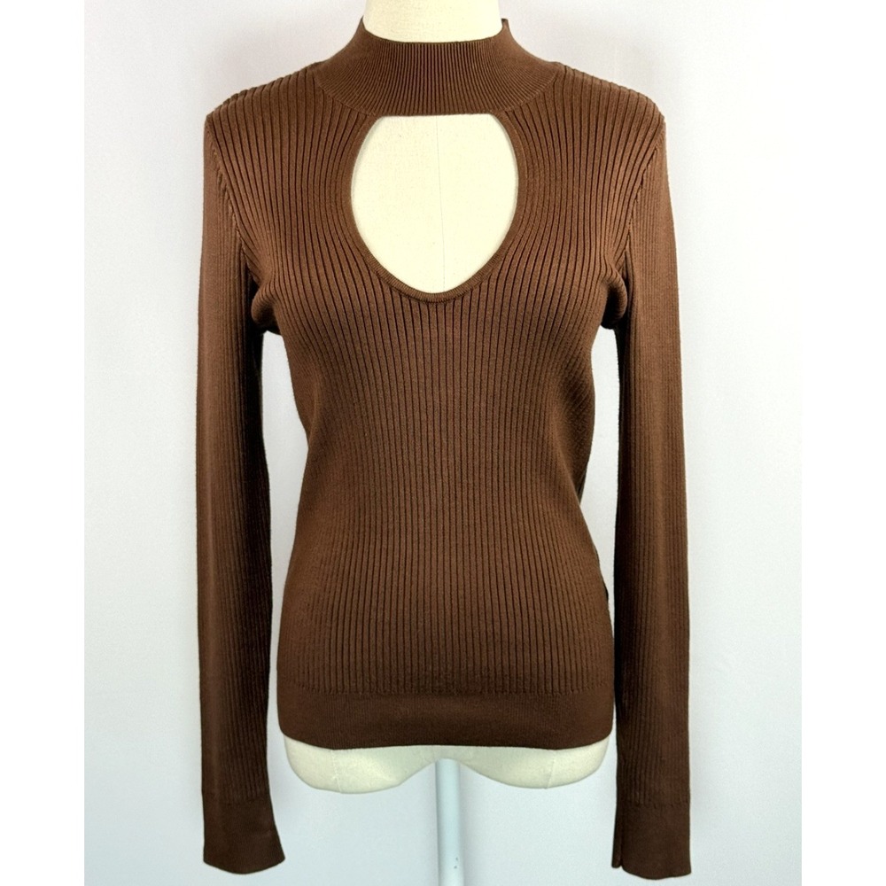 Abercrombie & Fitch Women's Large Brown Knit Ribbed Neck Fitted Sweater
